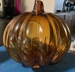 Amber Glass Votive 9.5 X 10” Pumpkin Candle Holder With Stem Chimney